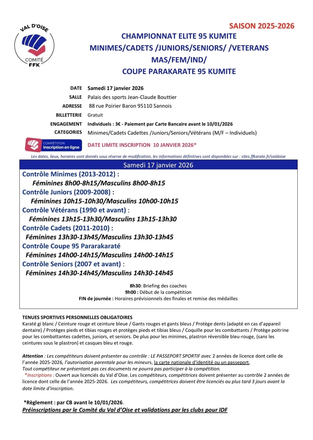 Programme Minimes Cadets Juniors Seniors Vétérans